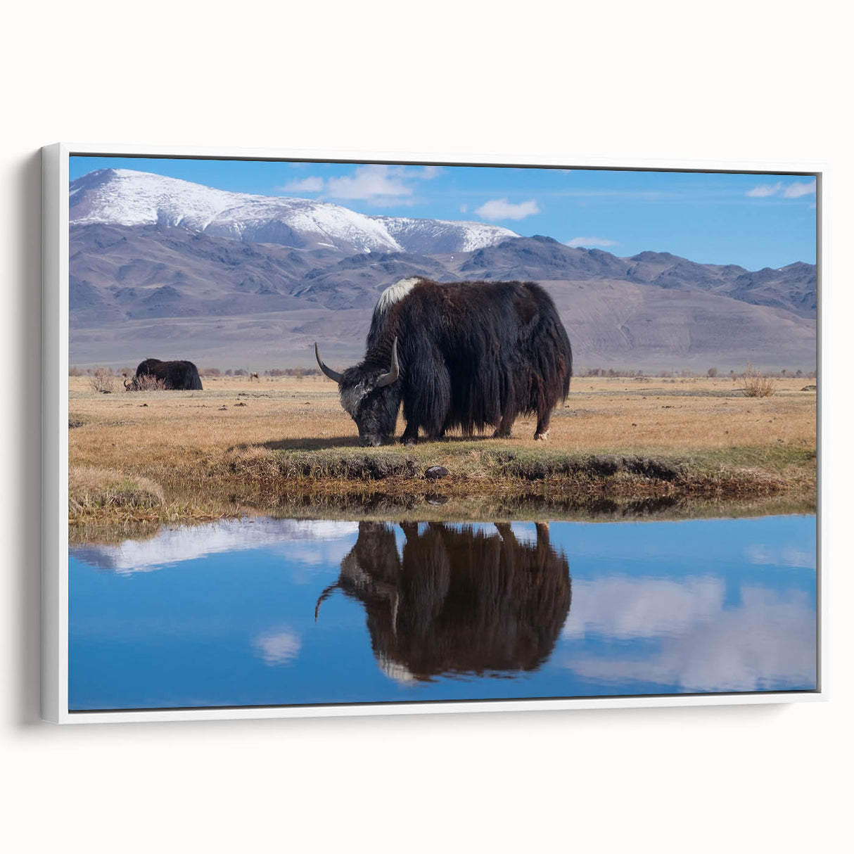 Vintage poster art of a Tibetan landscape in colorful hues on a large framed canvas, ideal for living room decor.