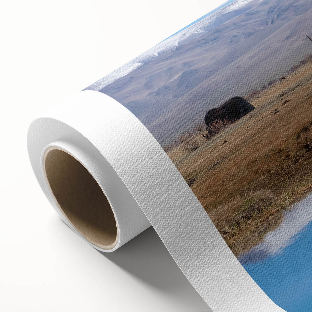 Art deco poster of a Tibetan landscape in muted blue and green tones on rolled canvas, ideal for nursery wall art.