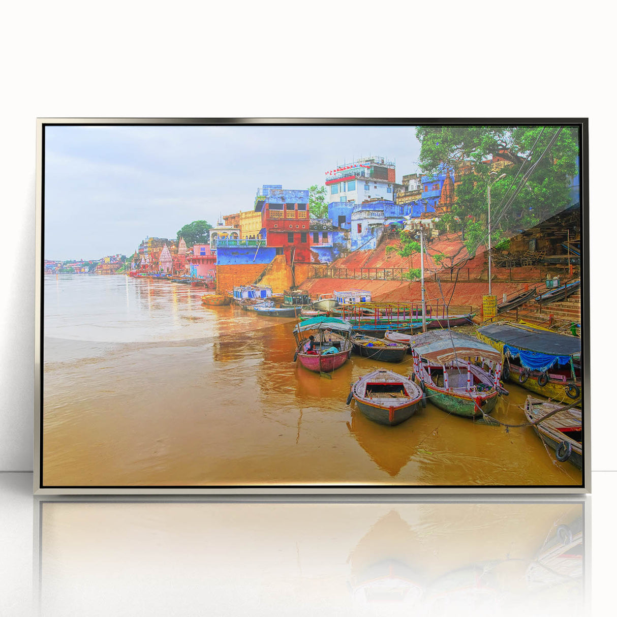 Mid-century modernist art depicting a serene Indian landscape in muted earth tones, framed in acrylic.