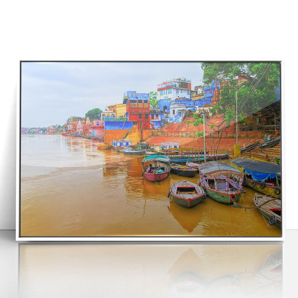 Acrylic print of a stylized Indian landscape in art deco style, using muted earth tones, ideal for modern art wall decor.