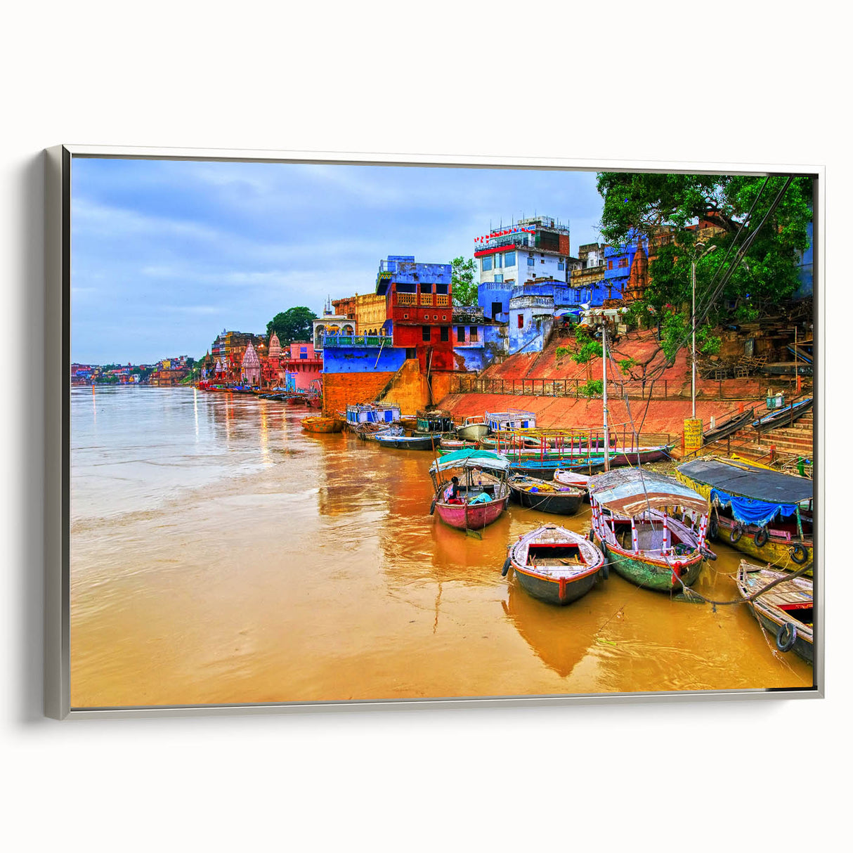 Landscape art painting of a scenic Indian countryside on framed canvas, featuring vibrant colors with a vintage poster style.