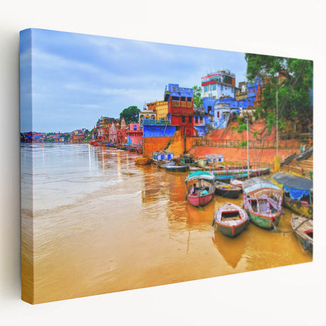 Large canvas print of a serene Indian landscape in earthy and green tones, suitable for kitchen wall art.