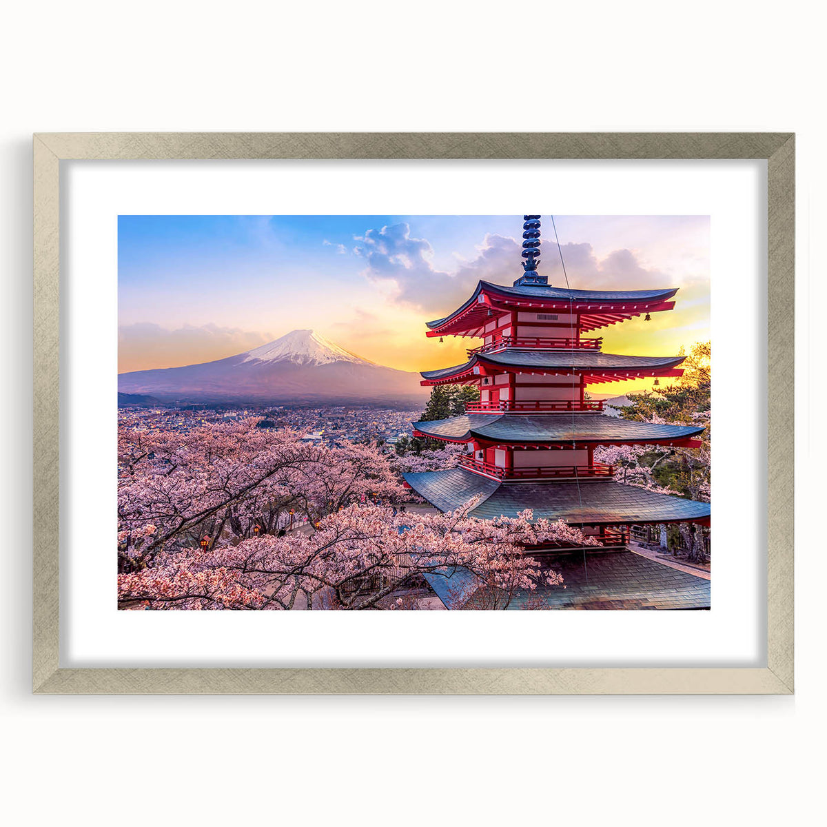 Textured art print of Mount Fuji with abstract elements in muted blue and white, framed in silver.