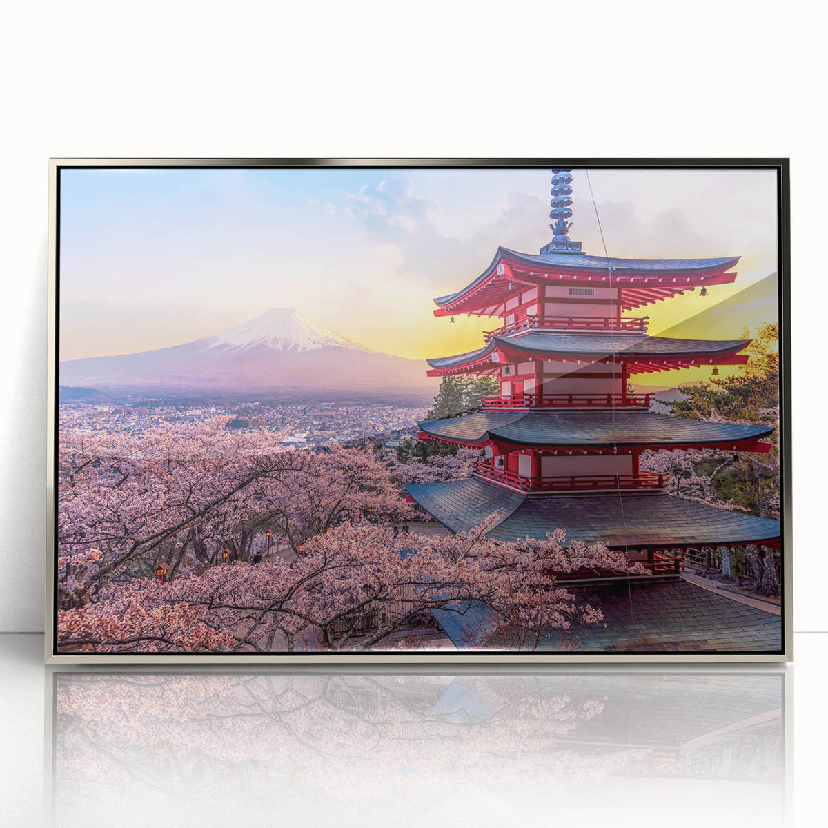 Mid-century modernist art of Mount Fuji in pastel shades on a silver-framed acrylic, suitable for nursery wall art.