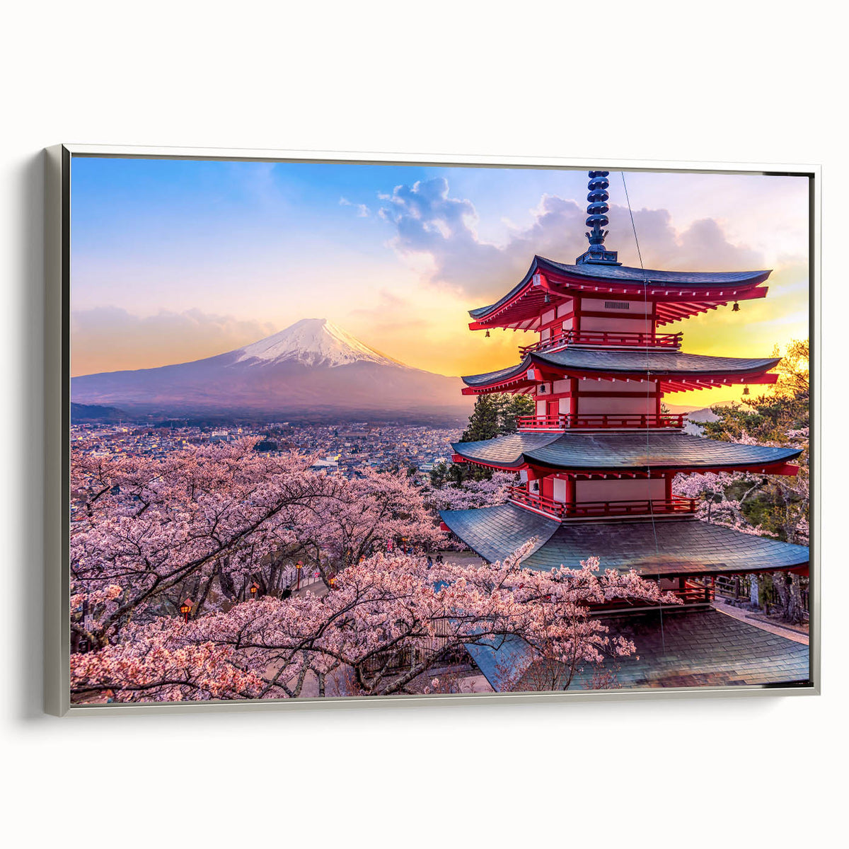 Landscape art painting of Mount Fuji with colorful sky on framed canvas, ideal for living room decor.