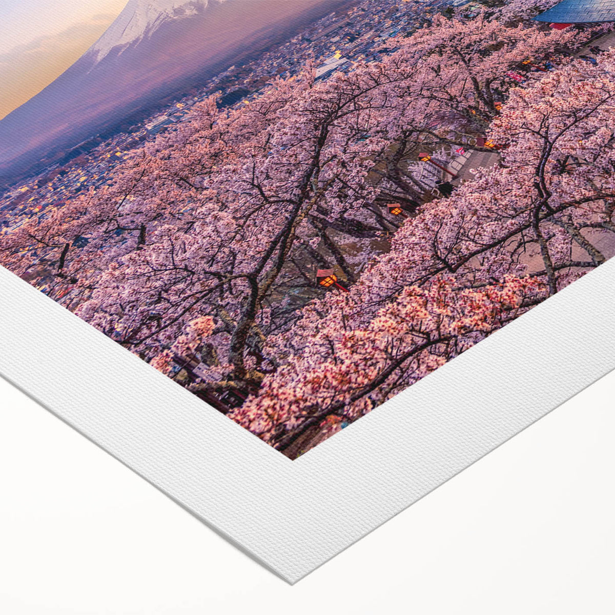 Art deco poster of Mount Fuji with muted blue and white tones on rolled canvas, suitable for dining room decor.