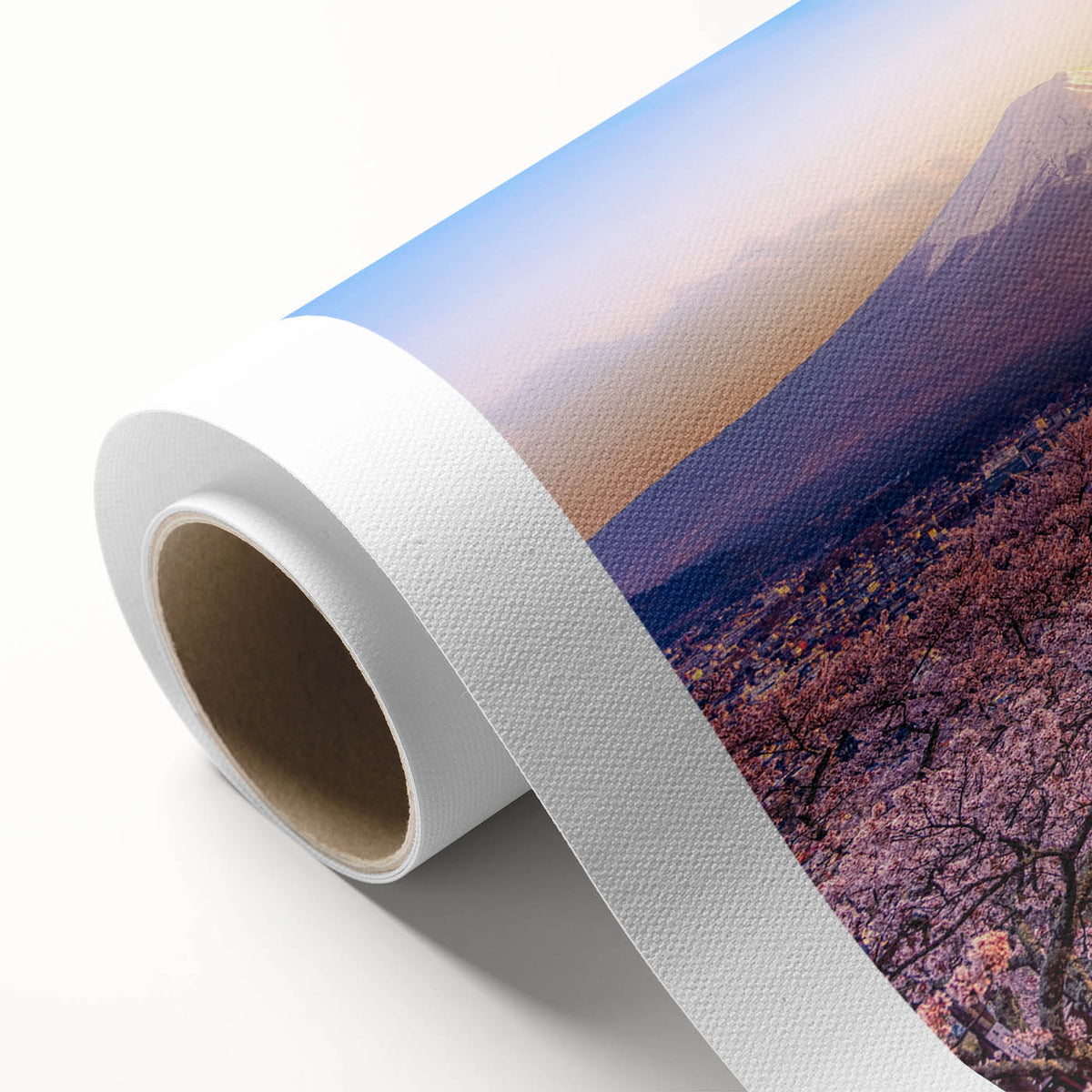 Art deco poster of Mount Fuji in pastel shades on rolled canvas, ideal for nursery wall art.