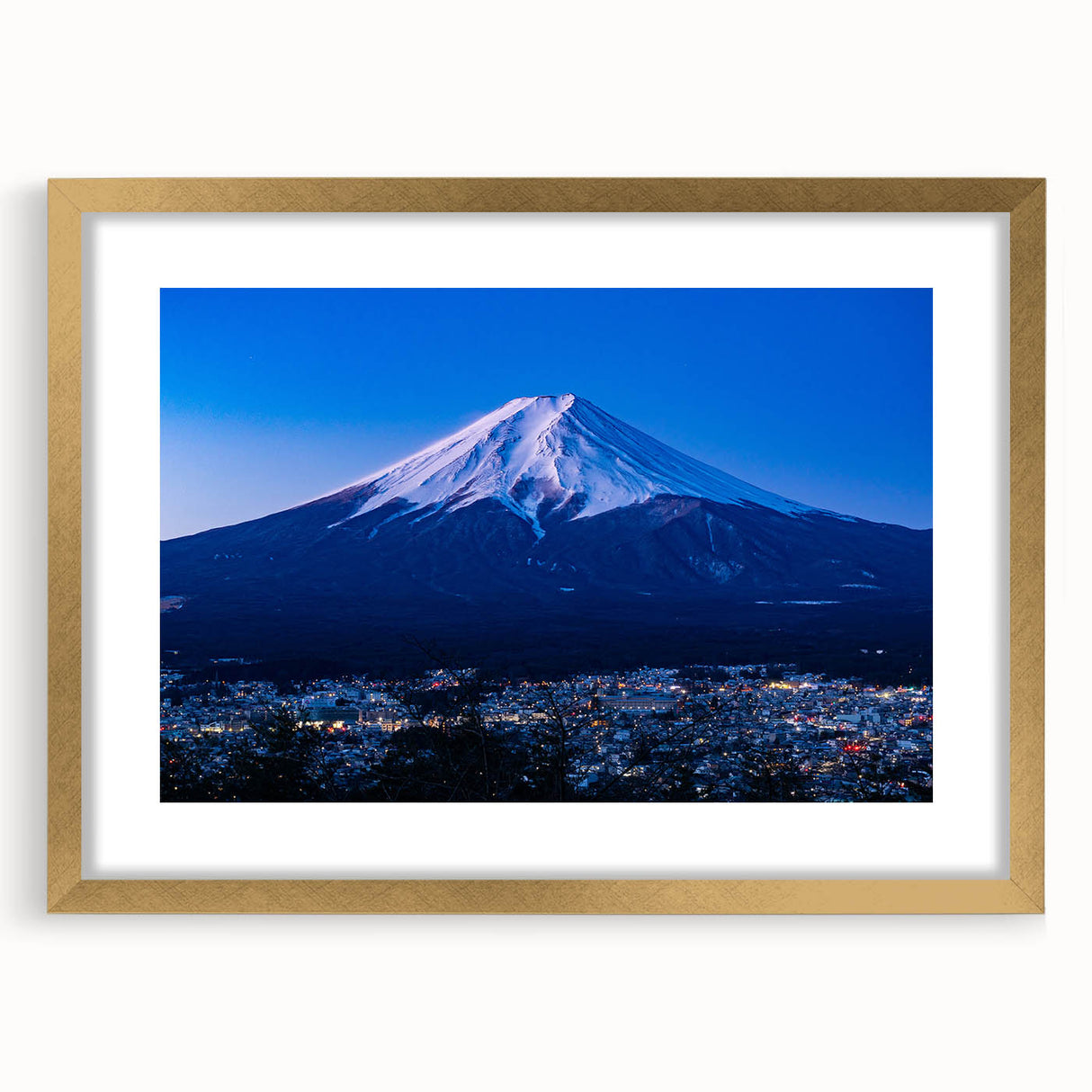 Extra large framed abstract art print depicting a textured Japanese scenery in muted gold and black tones.