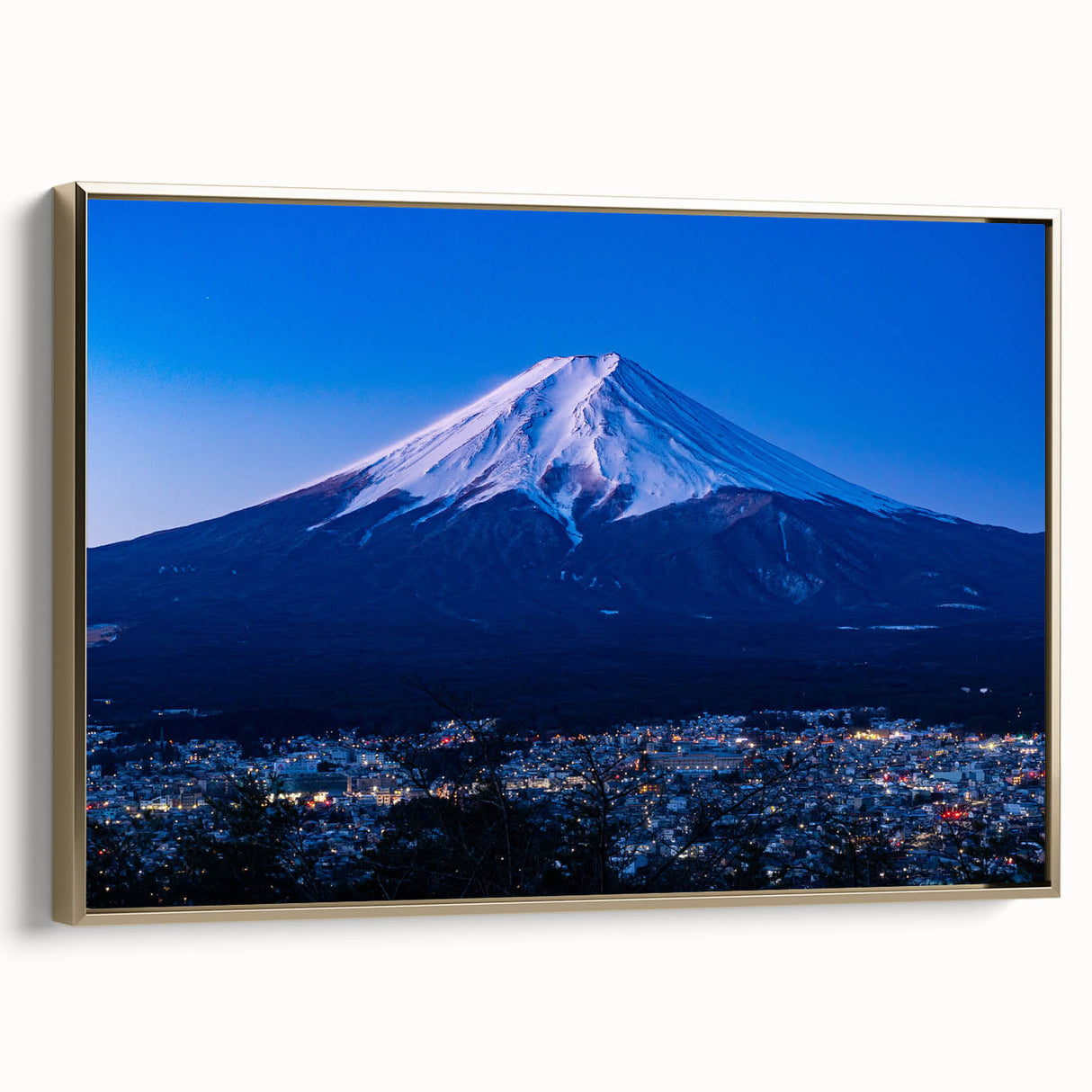 Framed canvas featuring a vintage Japanese landscape in muted gold and black tones, ideal for bedroom wall decor.