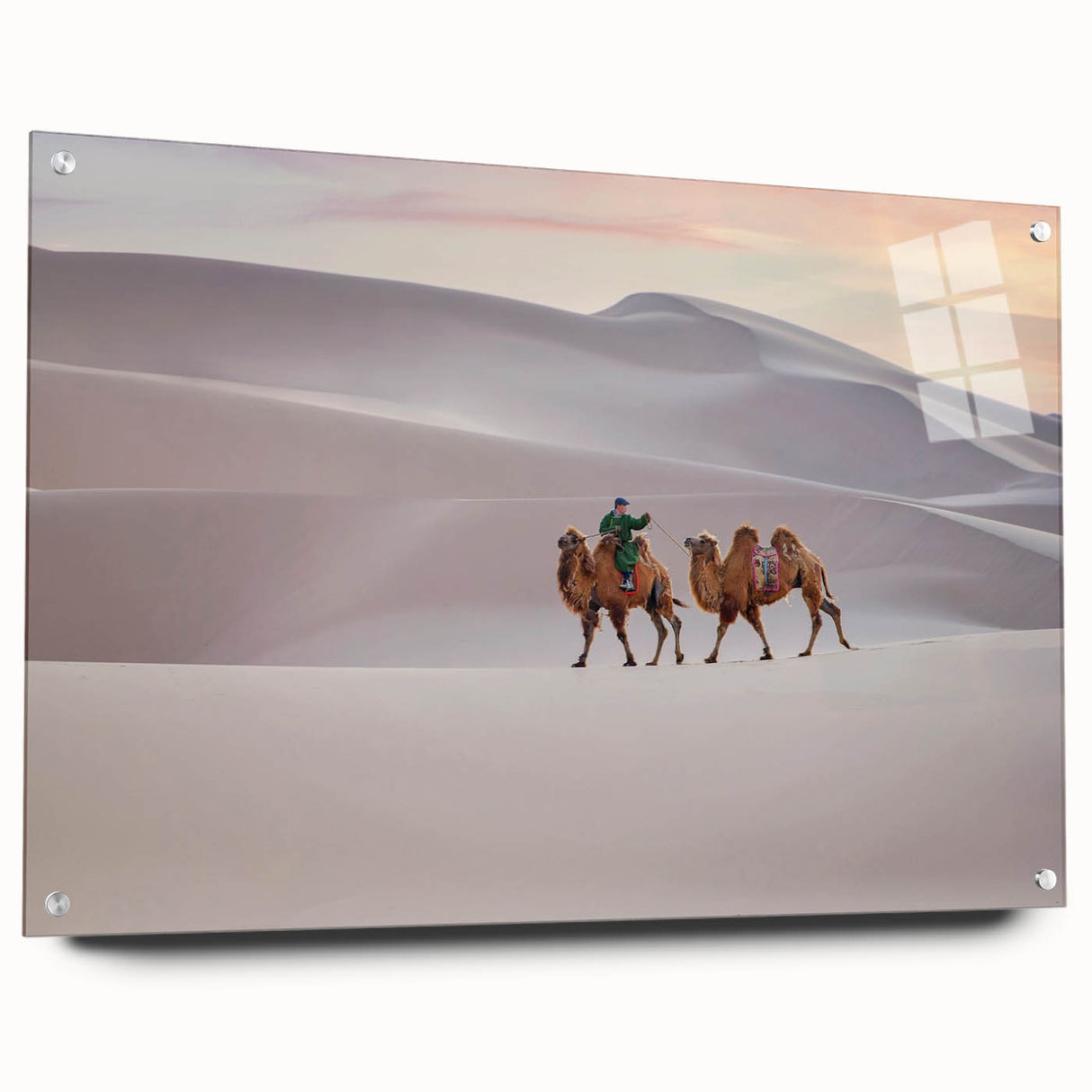 Large abstract wall art depicting a Mongolian landscape in muted earth tones on acrylic glass.