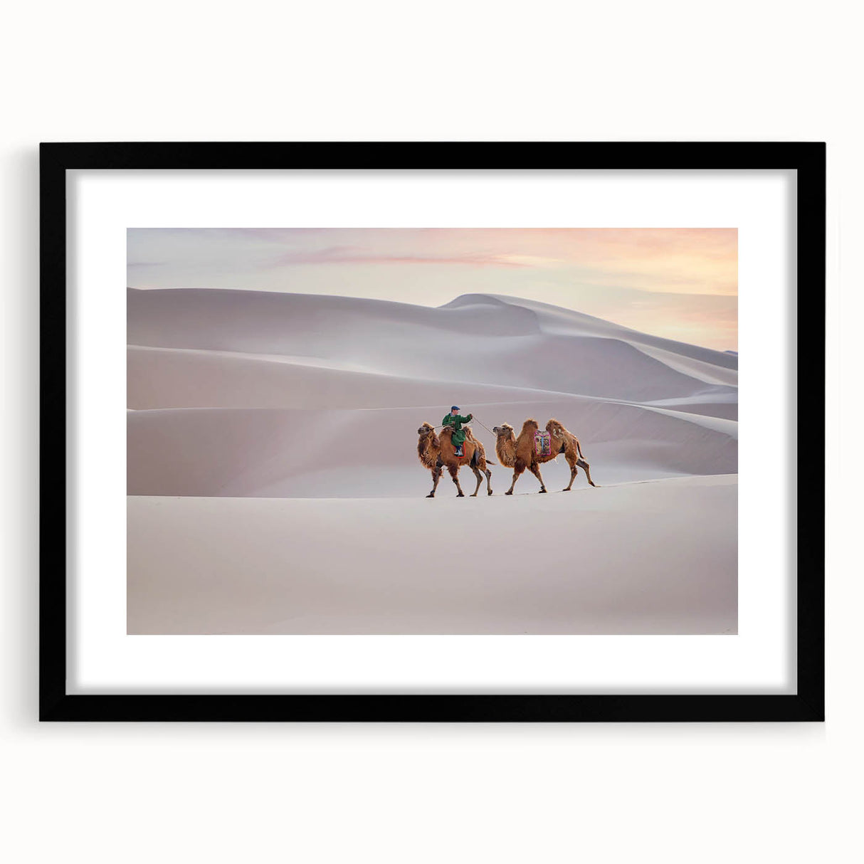 Extra large colorful abstract art print depicting a textured Mongolian landscape on a black framed canvas.