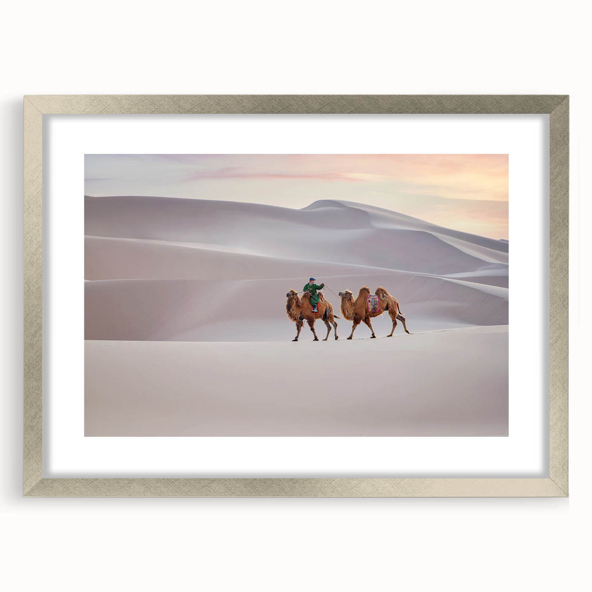 Textured art print of an abstract Mongolian landscape in muted earth tones, framed in silver, ideal for bedroom art.