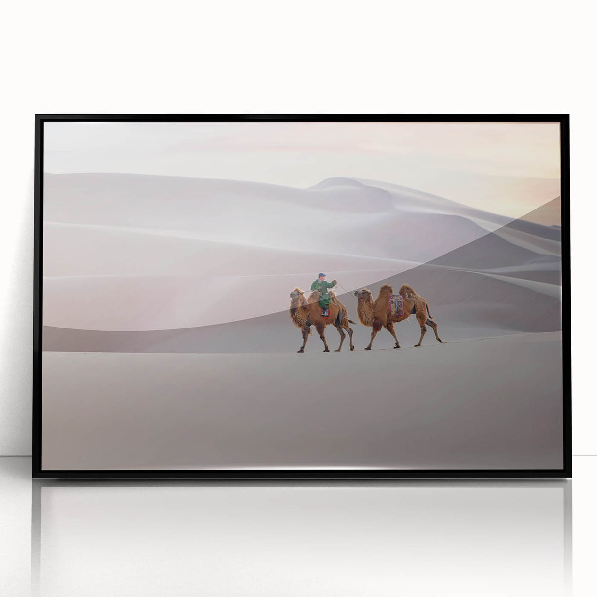 Large abstract wall art depicting a Mongolian landscape in muted earth tones on framed acrylic.
