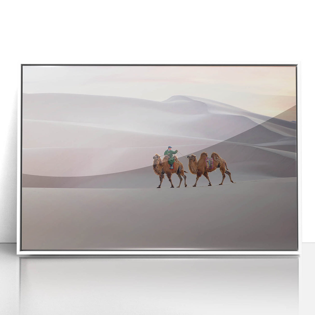 Acrylic print of a Mongolian landscape in muted earth tones, framed in white, suitable as modern art wall decor.