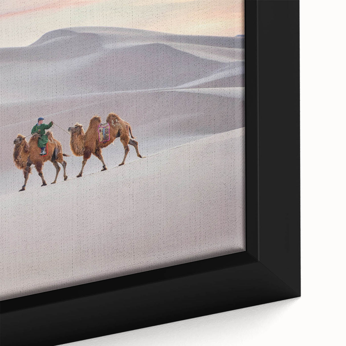 Black wall art featuring a textured, colorful Mongolian landscape on a framed canvas, ideal for living room decor.