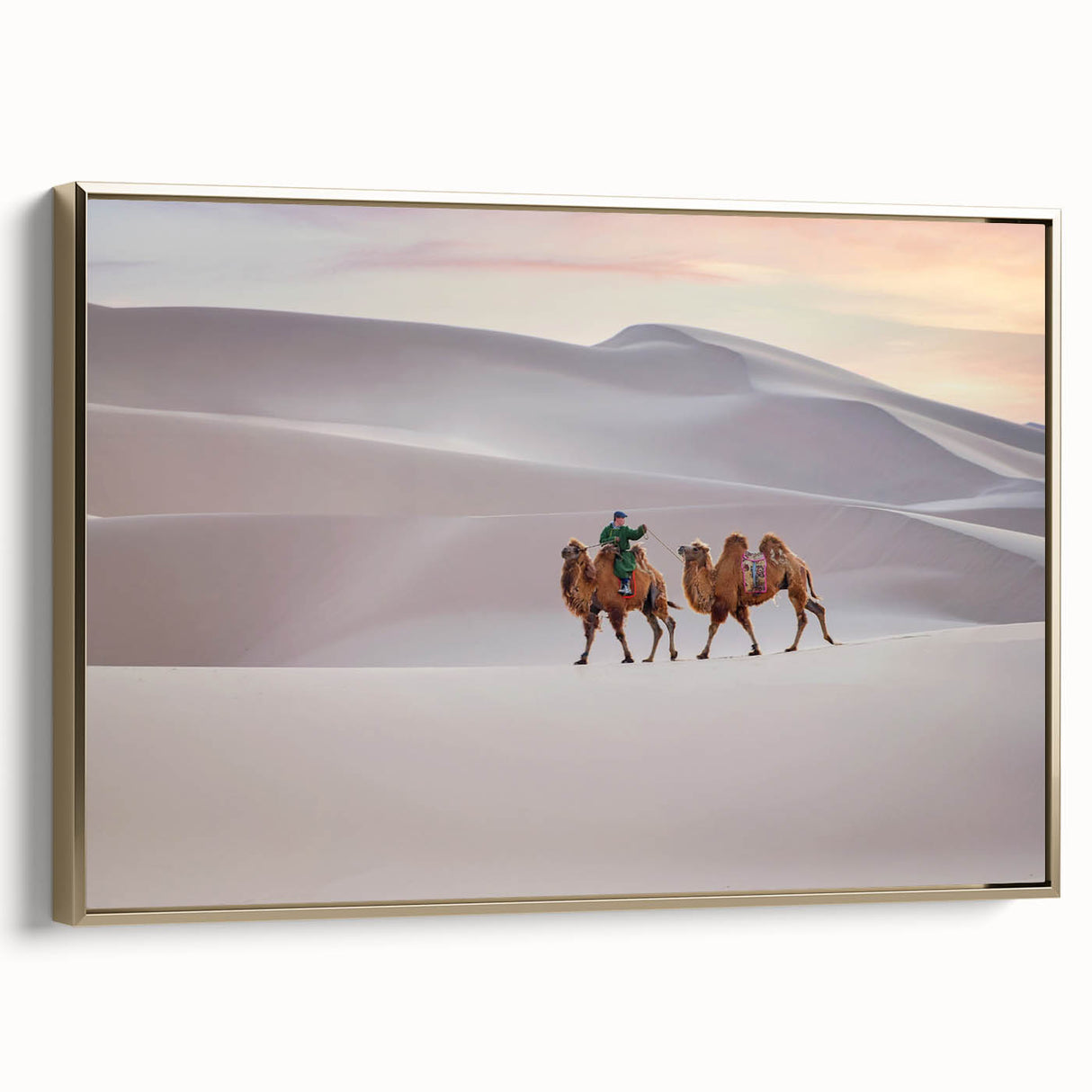 Framed canvas showing a vintage-style Mongolian landscape in muted gold and black tones, ideal for bedroom wall art.