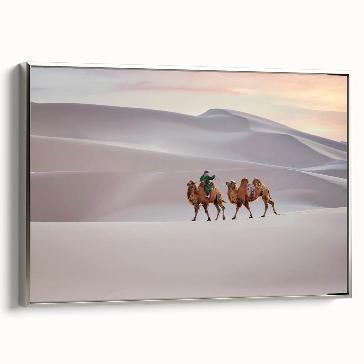 Framed canvas of a Mongolian landscape painting featuring vibrant, colorful art on a black background.