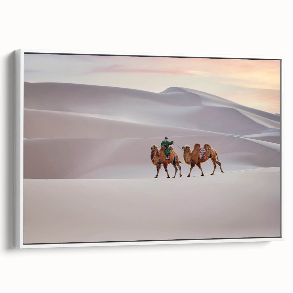 Vintage poster art of a Mongolian landscape on framed canvas, featuring a colorful palette, ideal for living room decor.
