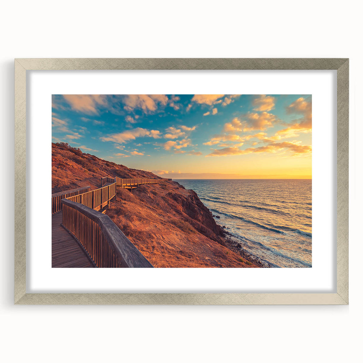 Abstract art print of Adelaide scenery in muted earth tones on a framed canvas, suitable for dining room decor.