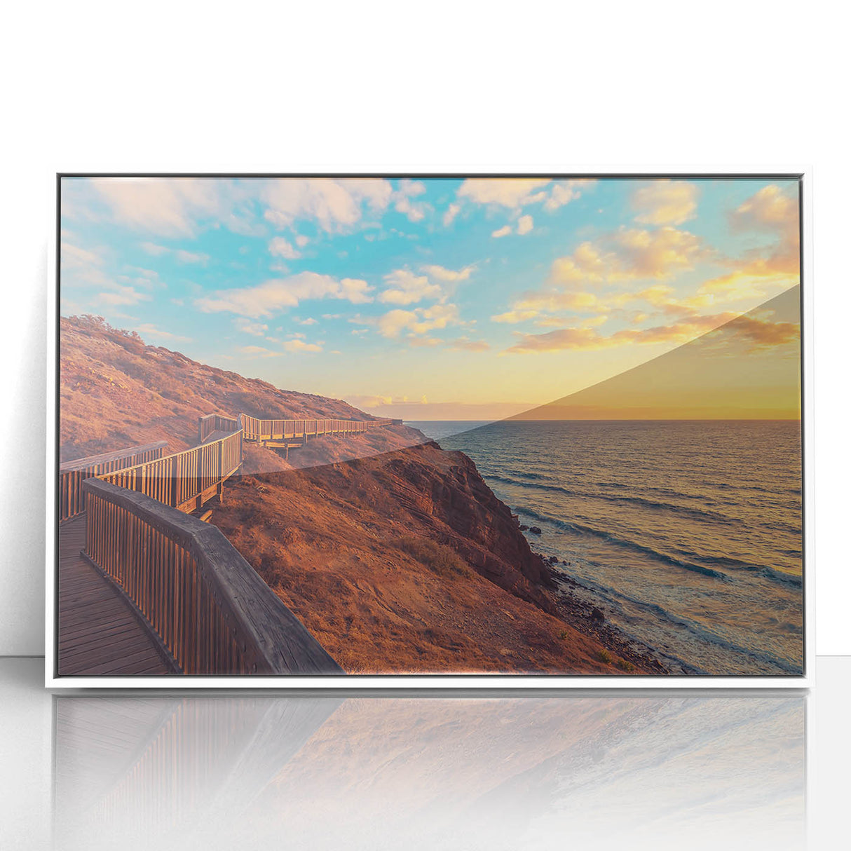 Framed acrylic print of Adelaide scenery in mid-century modernist style, with muted earth tones.