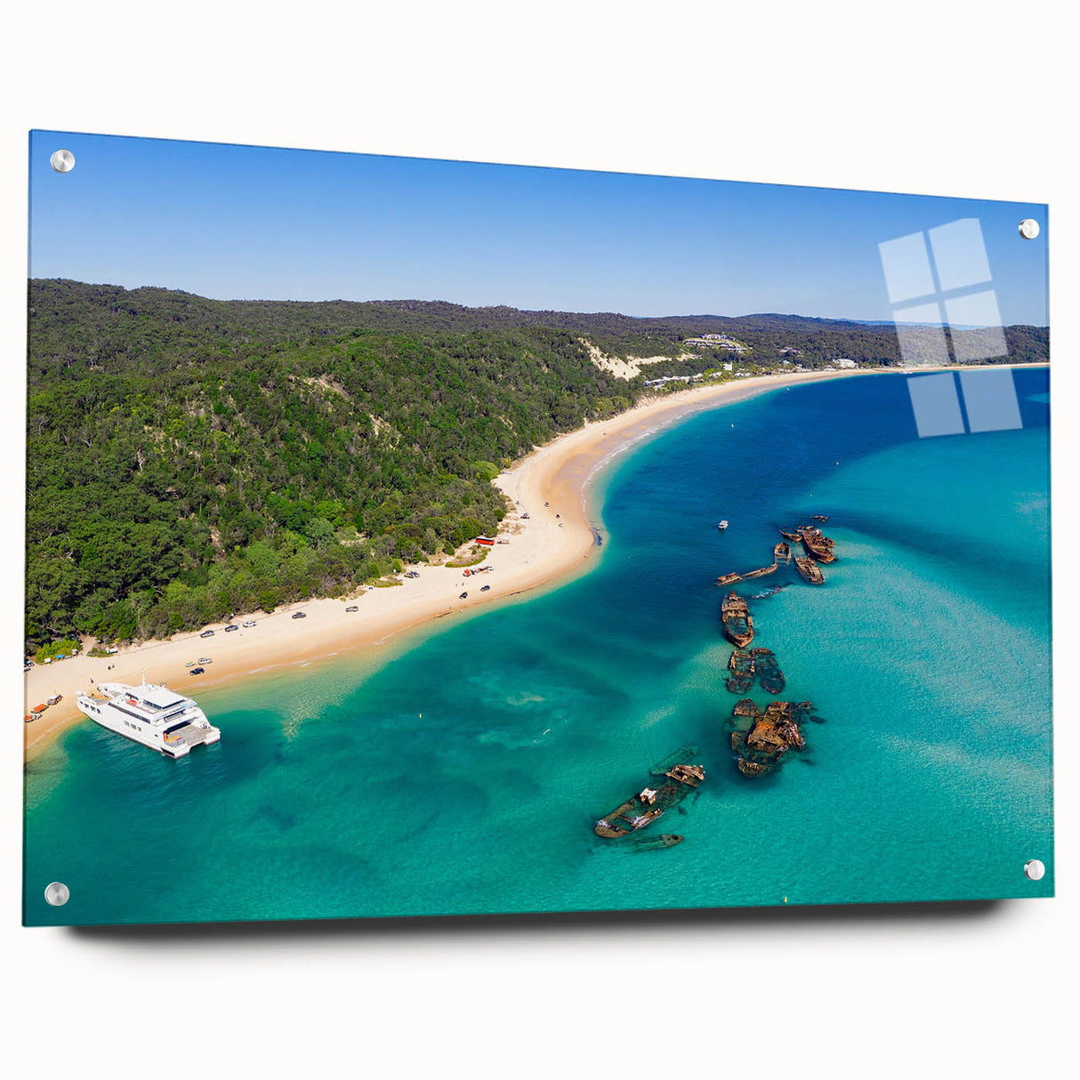 Acrylic print of a large abstract depiction of Brisbane scenery in muted earth tones.