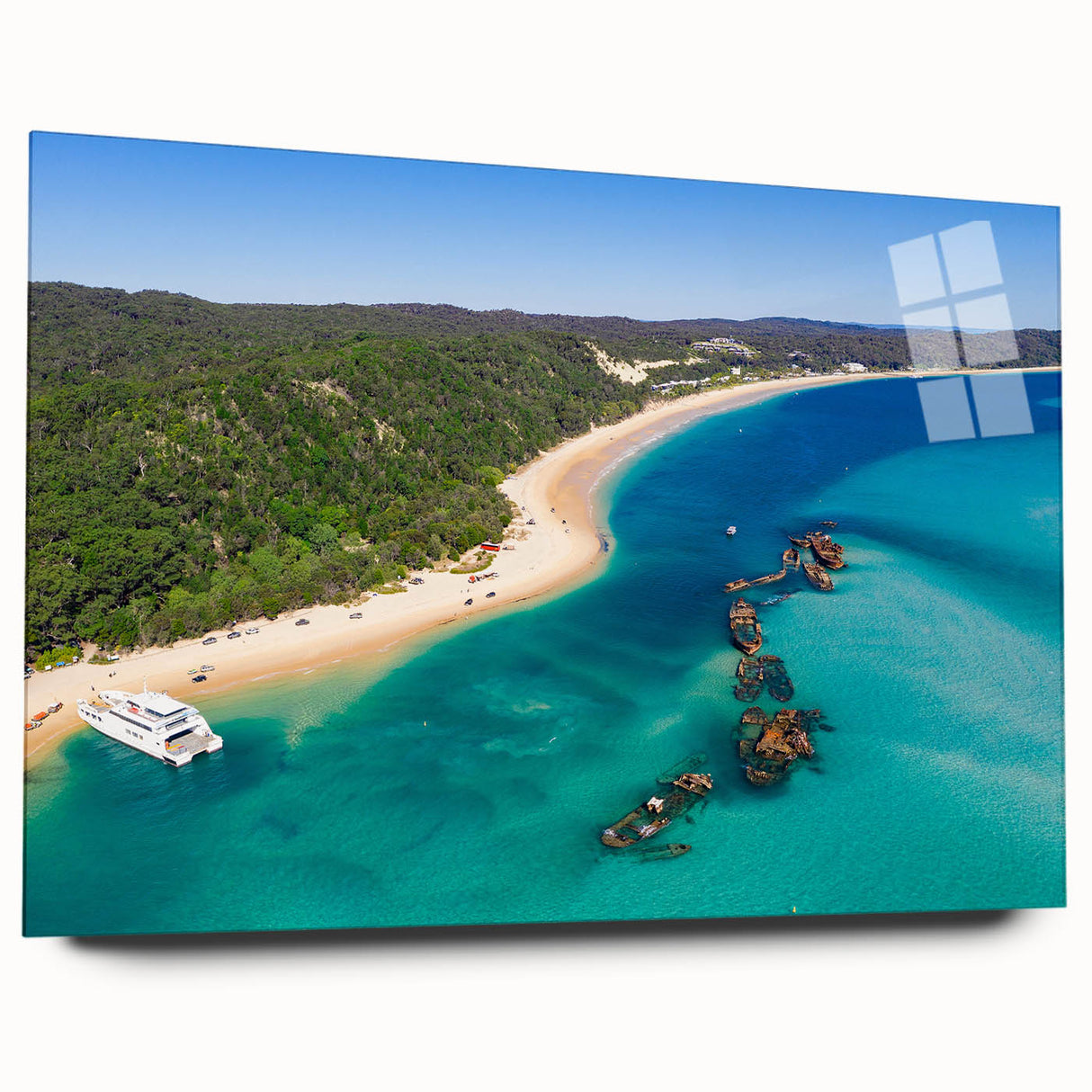 Large abstract wall art of Brisbane scenery in muted blue and green tones on acrylic glass.