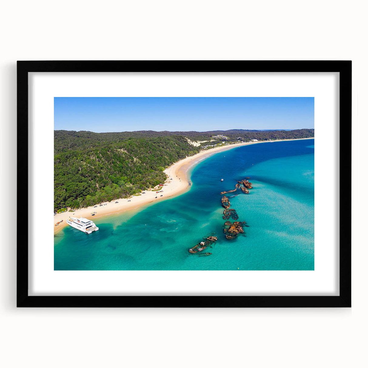 Extra large framed print of an abstract Brisbane skyline with vibrant, textured colors, ideal for living room decor.