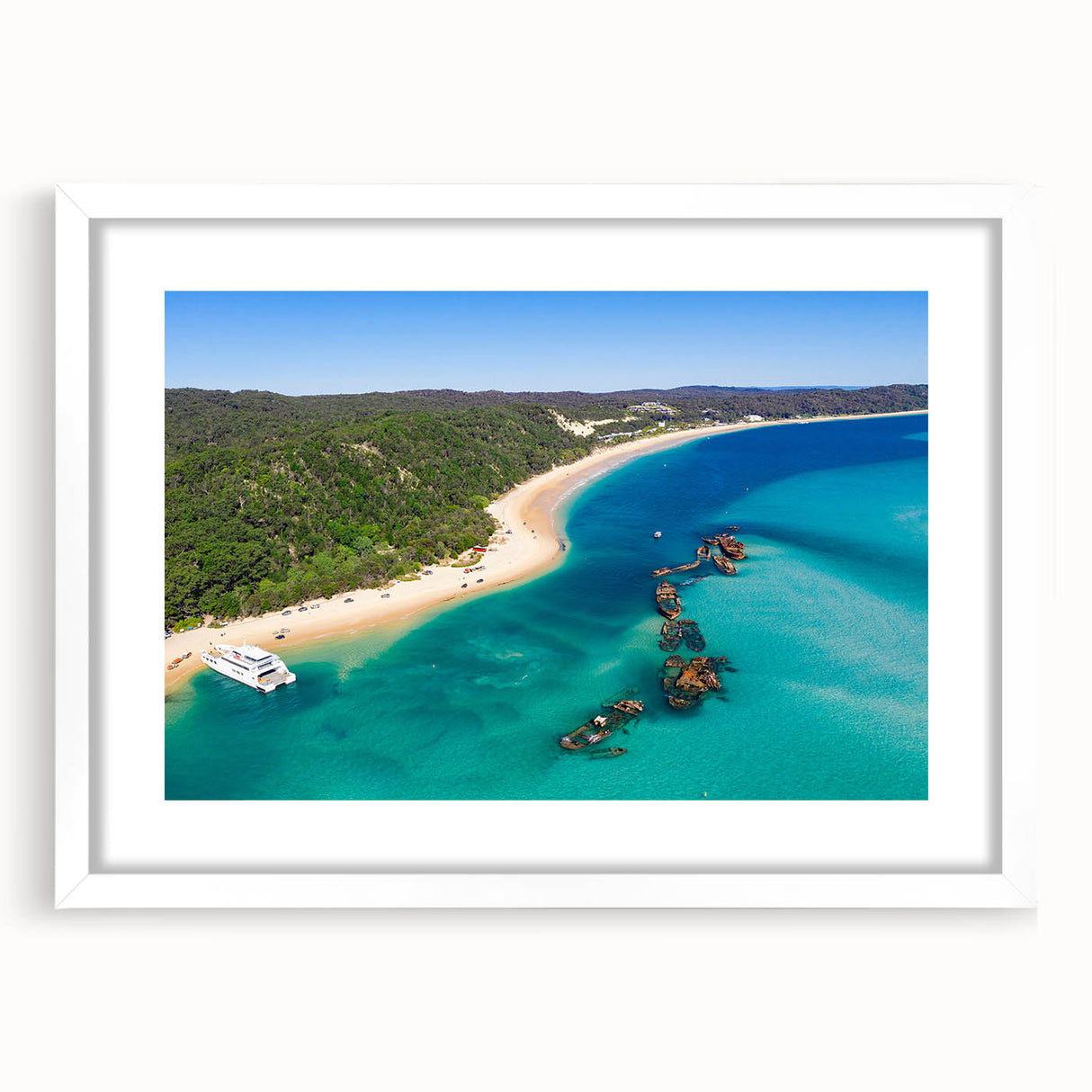 Extra large abstract art print of Brisbane scenery in textured style on a white framed canvas, ideal for living room decor.