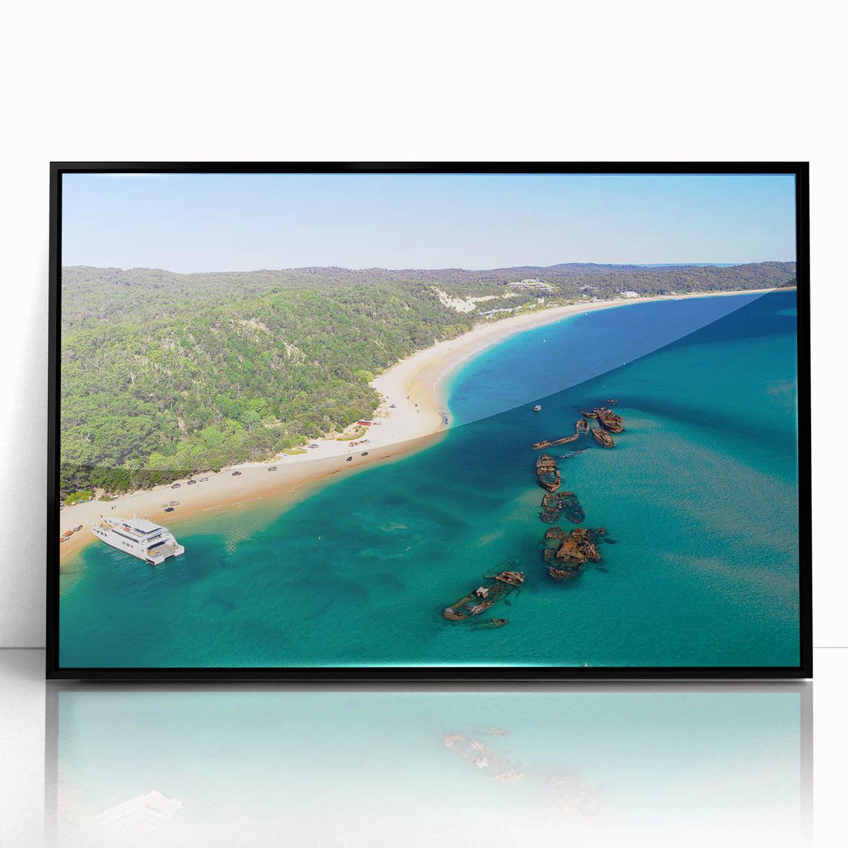 Large abstract wall art depicting the Brisbane skyline in muted gray and blue tones, framed in black acrylic.