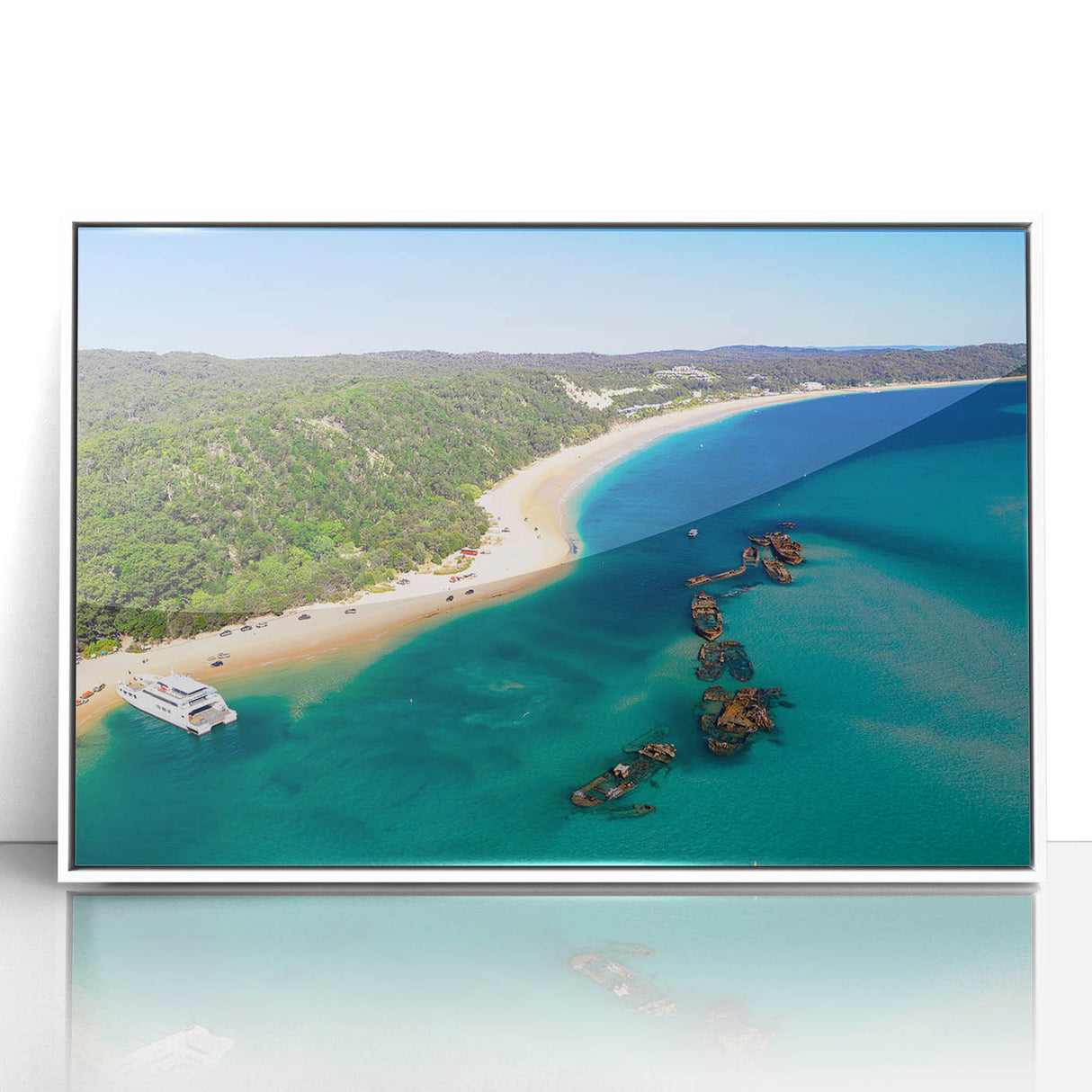 Large art print of Brisbane skyline in muted blue and gray tones on framed acrylic, suitable for modern art wall decor.