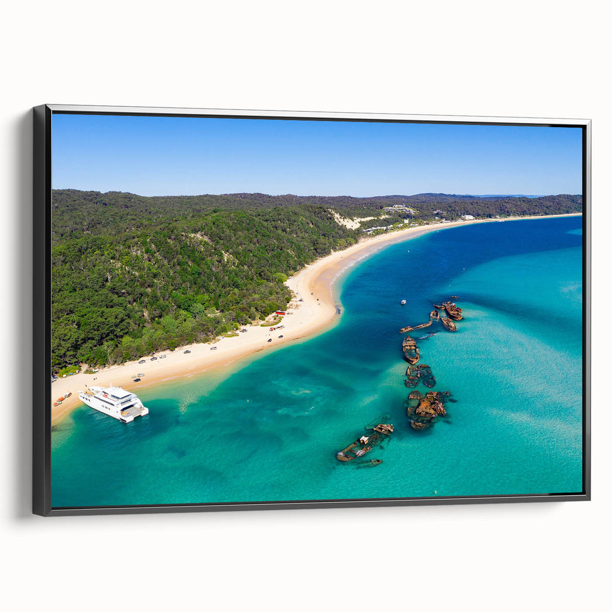 Framed canvas of a black and white vintage poster art depicting the Brisbane landscape, suitable for bedroom wall decor.