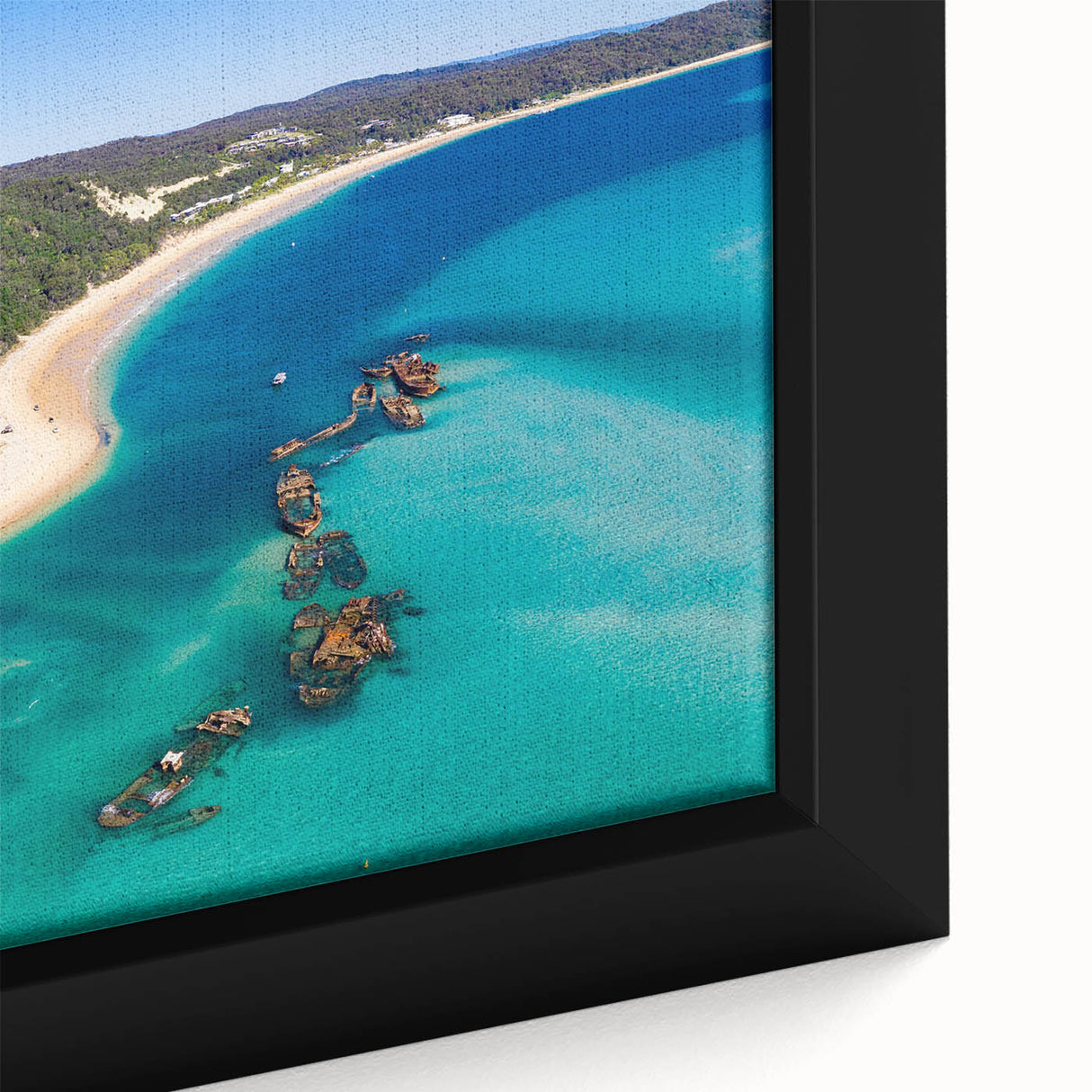 Black wall art depicting a textured view of Brisbane's skyline in vibrant colors on a framed canvas.