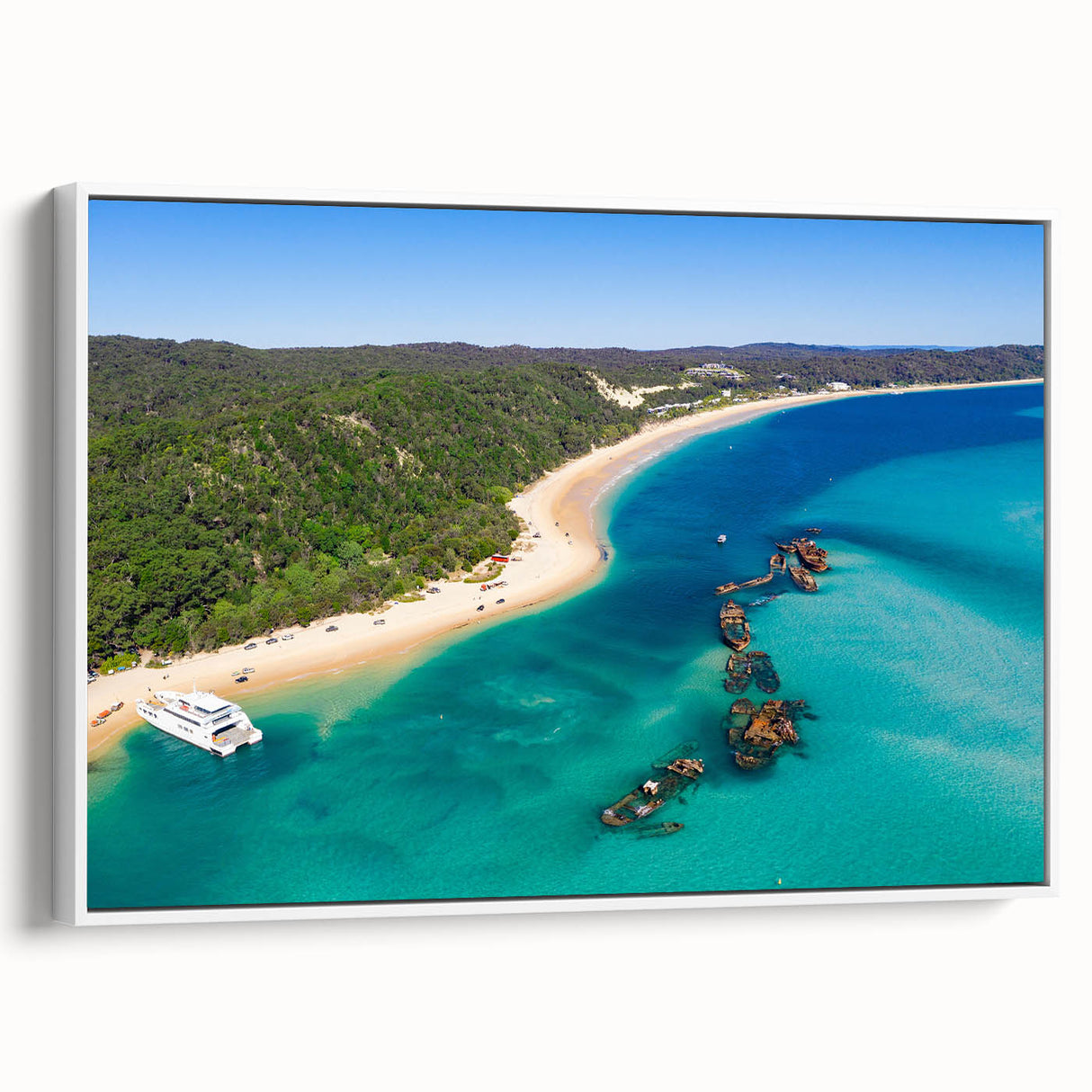 Framed canvas wall art featuring a black and white vintage poster of the Brisbane landscape, ideal for bedroom decor.