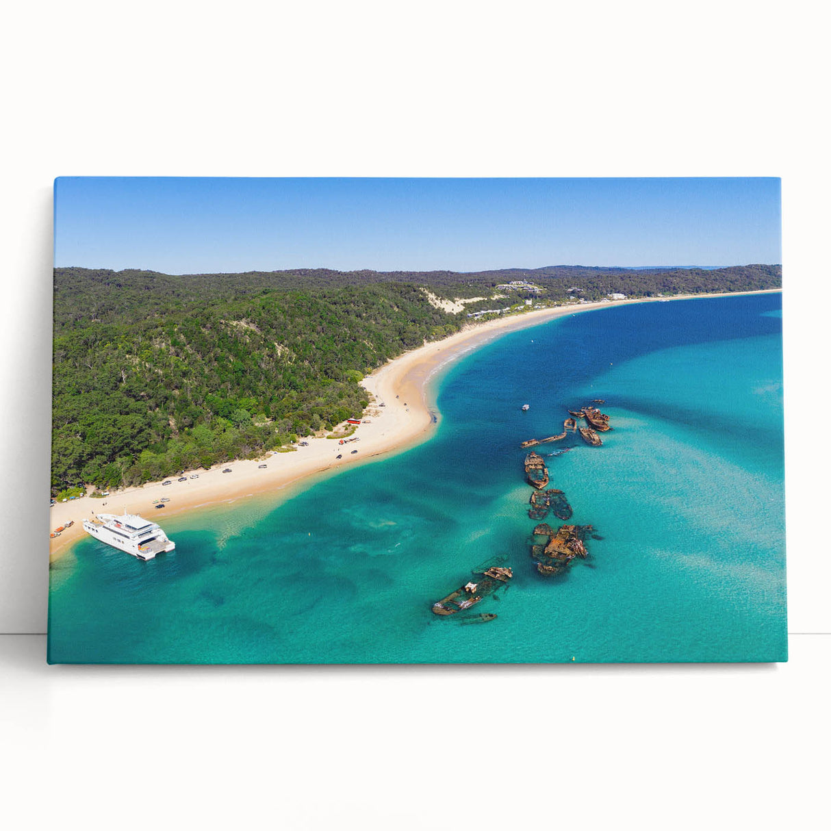 Black and white photograph of Brisbane skyline printed on large stretched canvas.