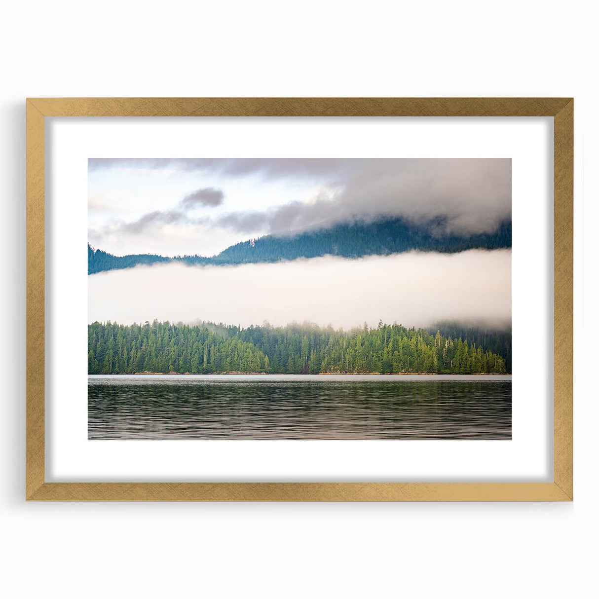 Extra large abstract art print depicting a textured scenery of British Columbia in muted earth tones, framed in gold.
