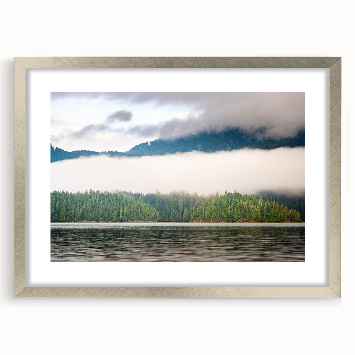 Textured abstract art print of British Columbia scenery in muted earth tones, framed with a silver mat.