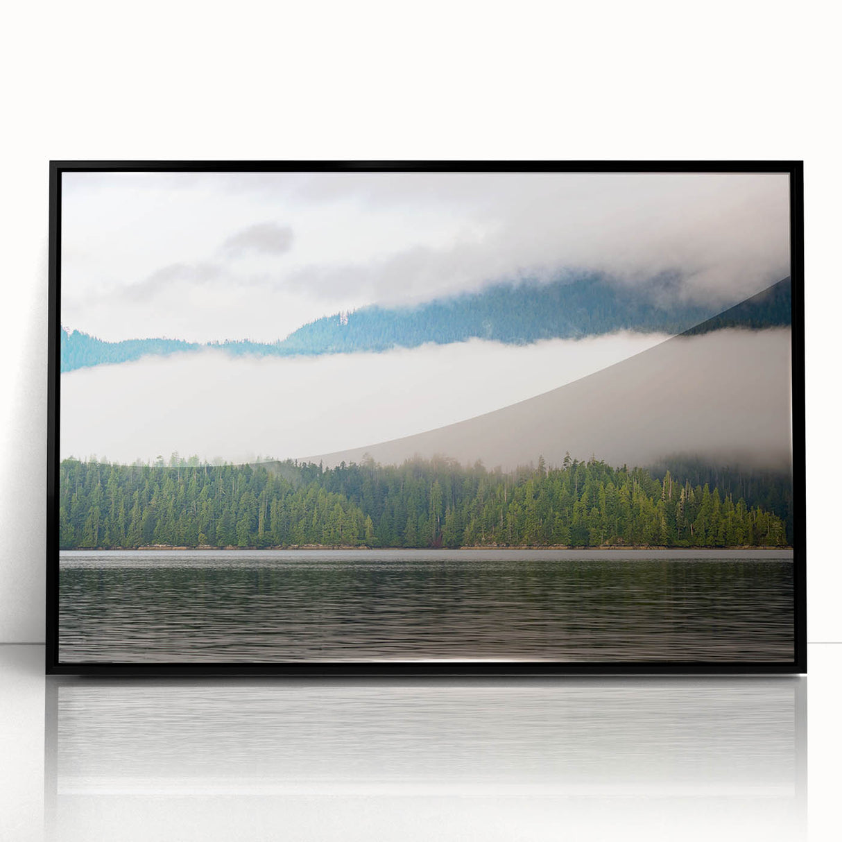Large abstract wall art of a British Columbia landscape in muted earth tones, framed in black acrylic.