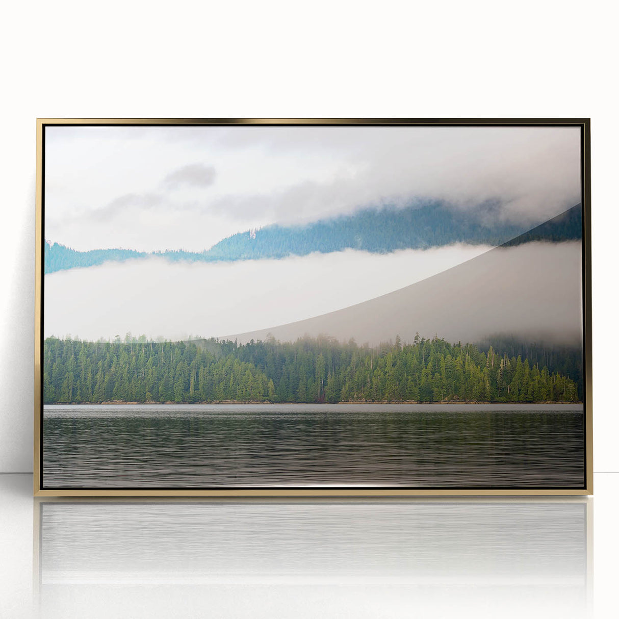 Large art print of British Columbia scenery, in muted earth tones on framed acrylic, ideal for modern art wall decor.
