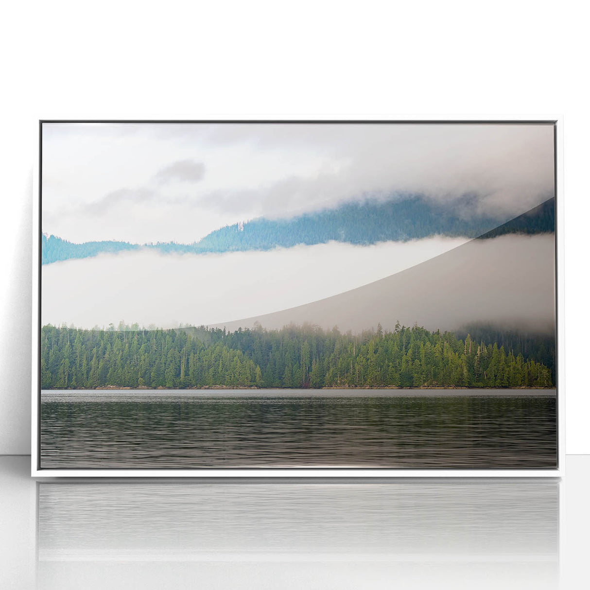 Framed acrylic print of a British Columbia landscape, featuring muted green and blue tones, ideal for modern art wall decor.