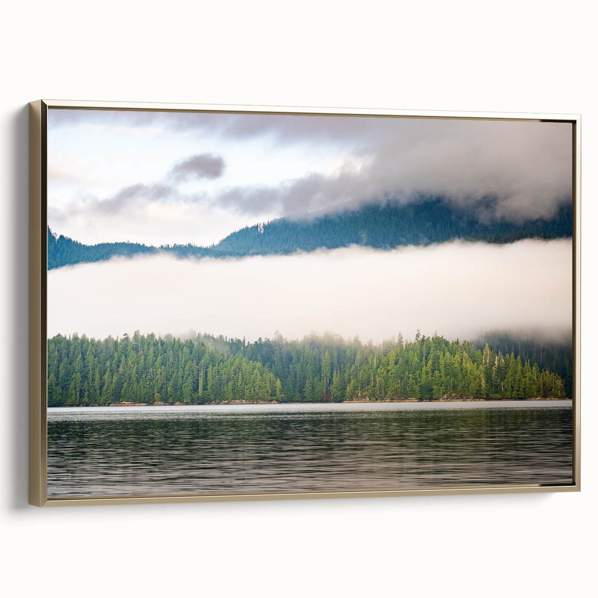 Framed canvas featuring a vintage-style landscape painting of British Columbia, in muted gold and black tones.