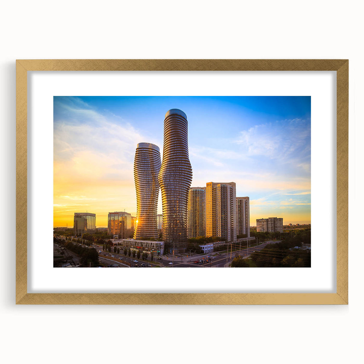 Extra large abstract art print of Ontario's scenery in gold frame with mat, featuring textured design in earth tones.