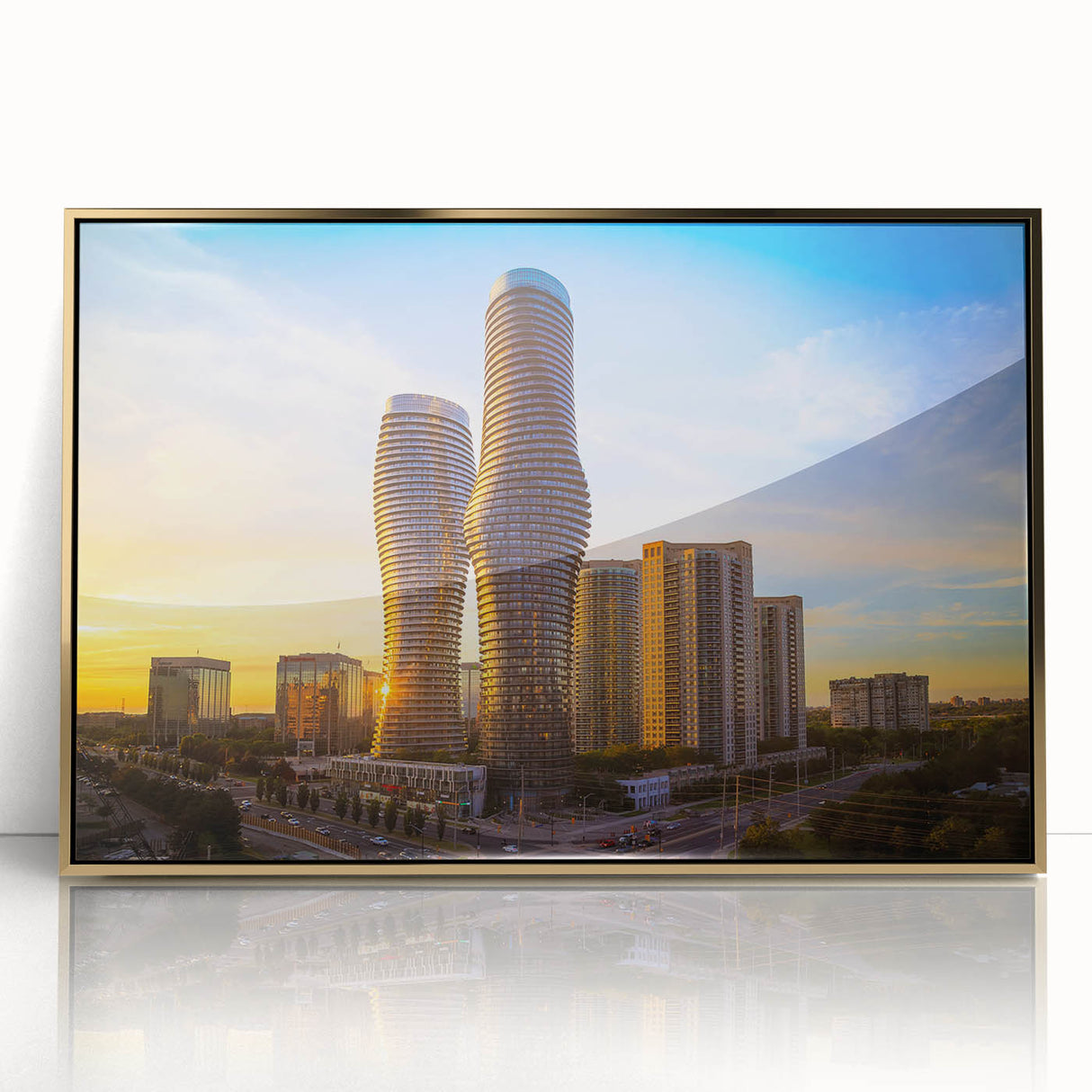 Large art print of a serene Ontario landscape in muted green and blue tones, framed in gold acrylic.