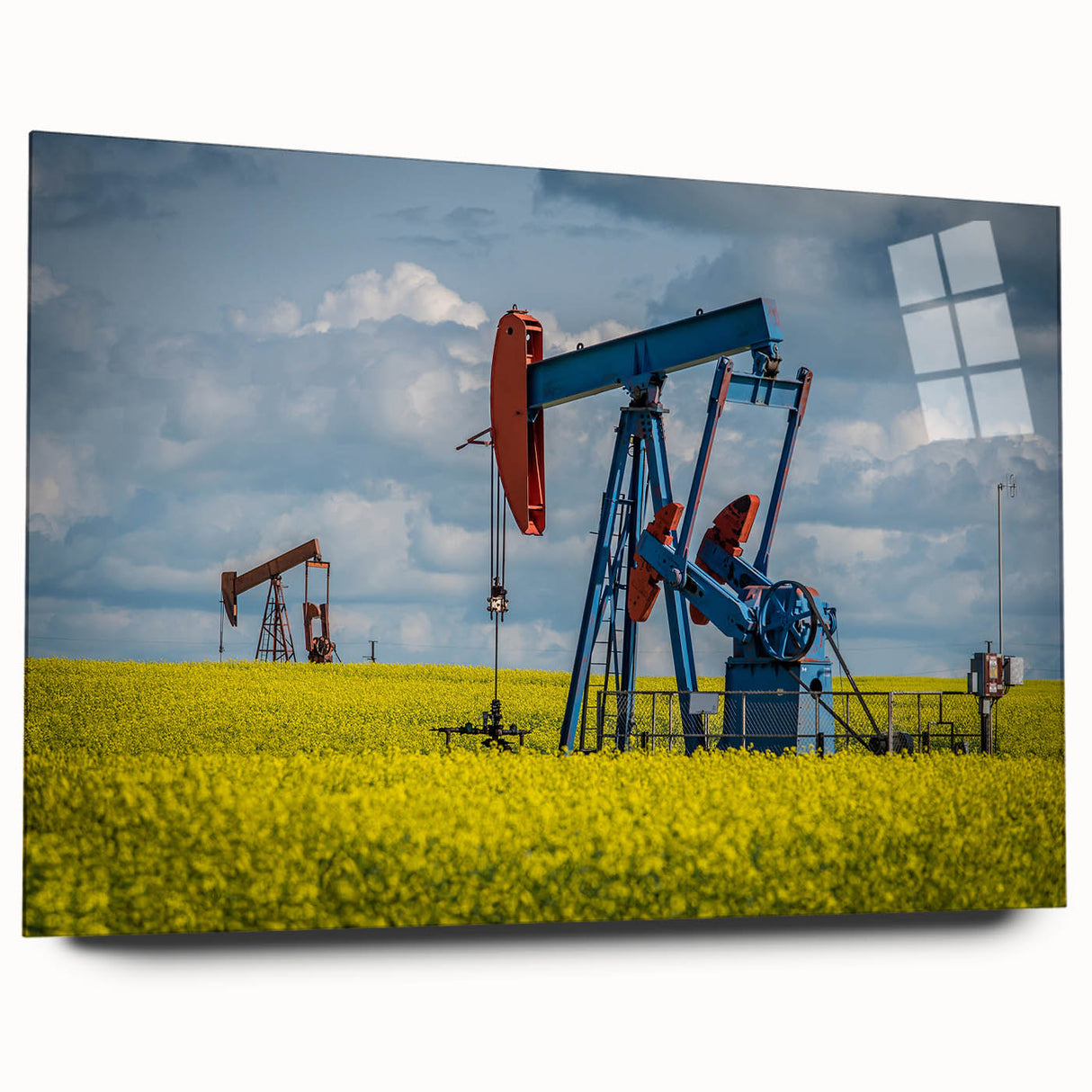 Large abstract wall art depicting Saskatchewan scenery in muted earth tones on acrylic glass.