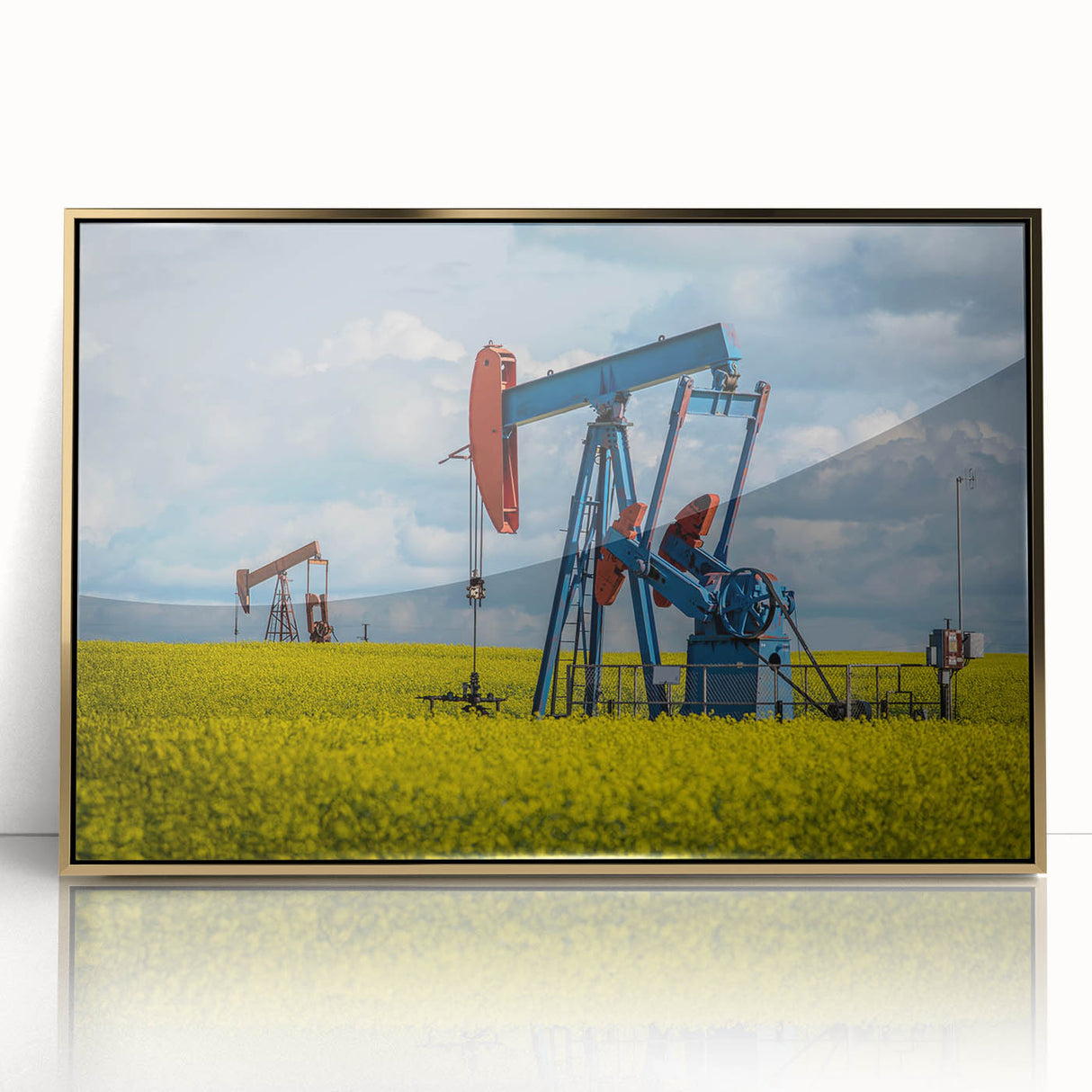 Large art print of a serene Saskatchewan landscape in mid-century modernist style, framed in acrylic with gold tones.