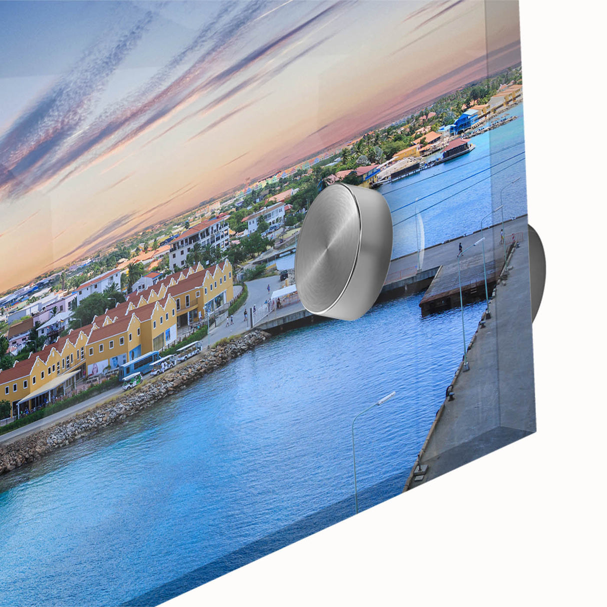 Large abstract wall art depicting Caribbean scenery on acrylic glass, in vibrant blue and green hues.