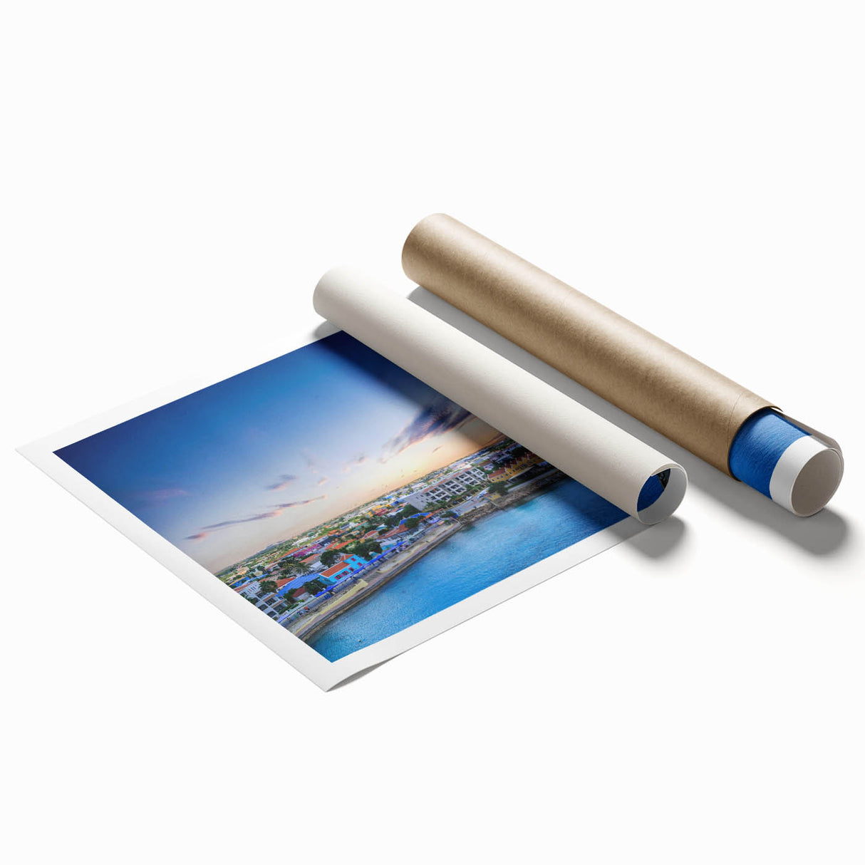 Rolled print of a Caribbean Aruba scenery with vibrant ocean and floral elements.