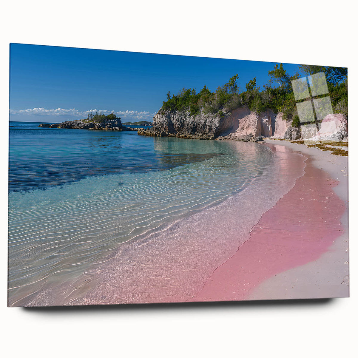 Large abstract wall art of Caribbean Bermuda scenery in vibrant blue and green tones on acrylic glass.