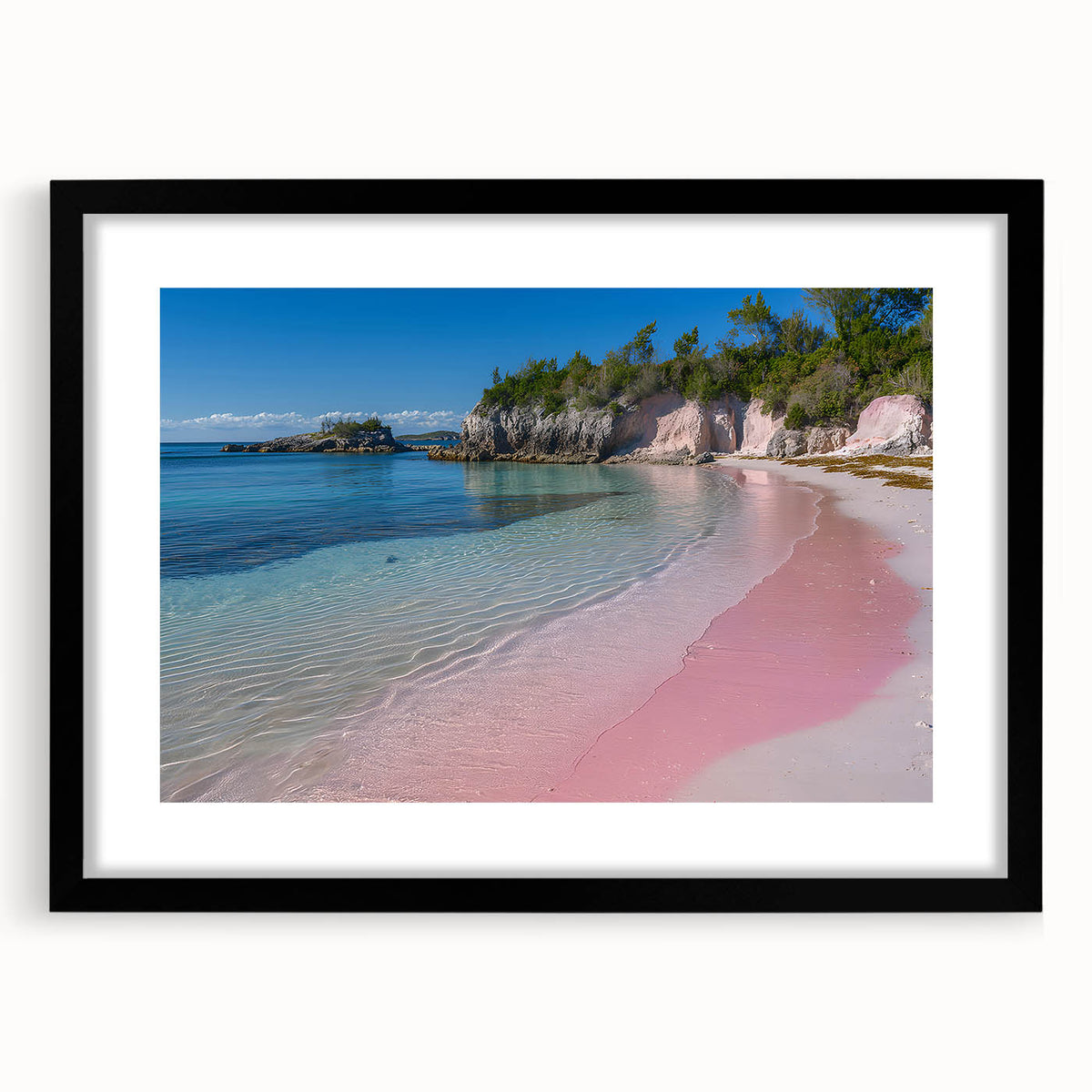 Abstract art print of a vibrant Caribbean scene on a textured canvas, framed in black, ideal for living room decor.