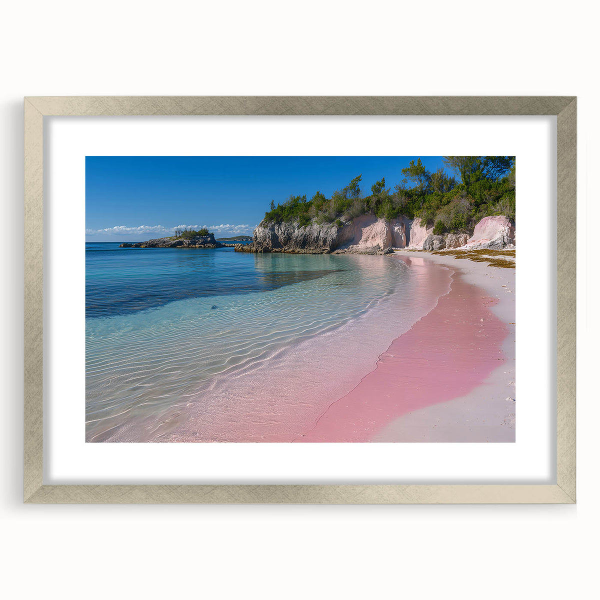 Extra large abstract art print of Caribbean scenery in muted blue and green tones on a textured canvas, framed in silver.
