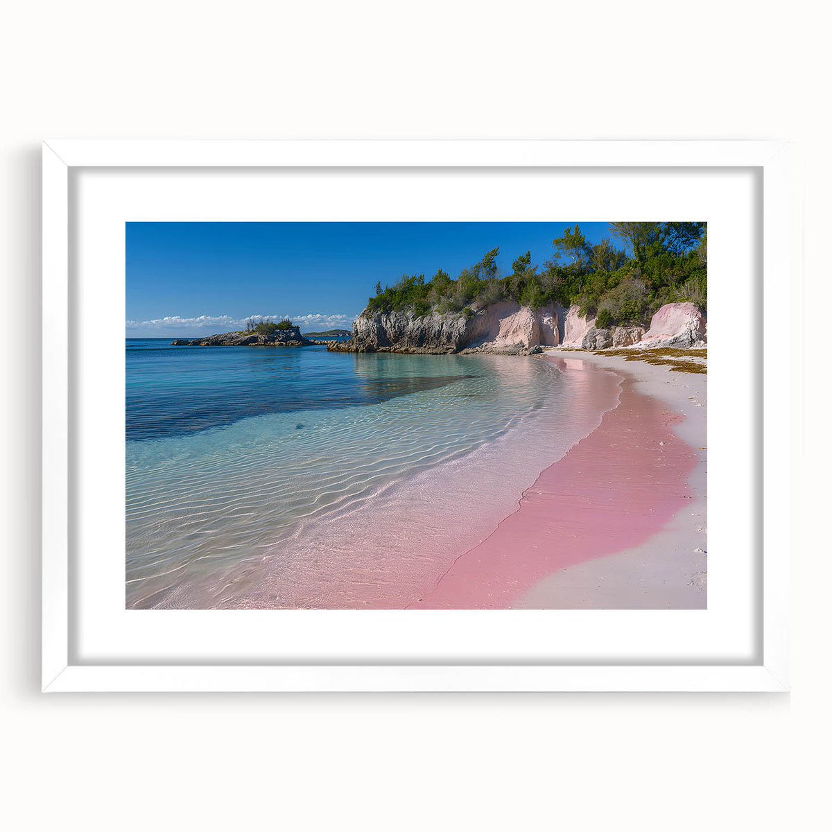 Textured art depicting an abstract Caribbean scenery in muted blue and green tones on a framed white mat.
